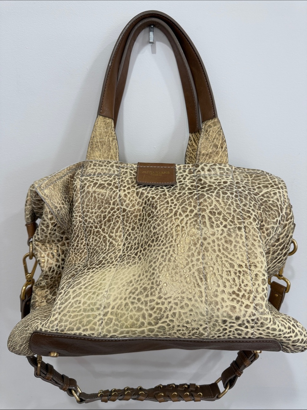 Cream & Brown Textured Leather Tote Bag